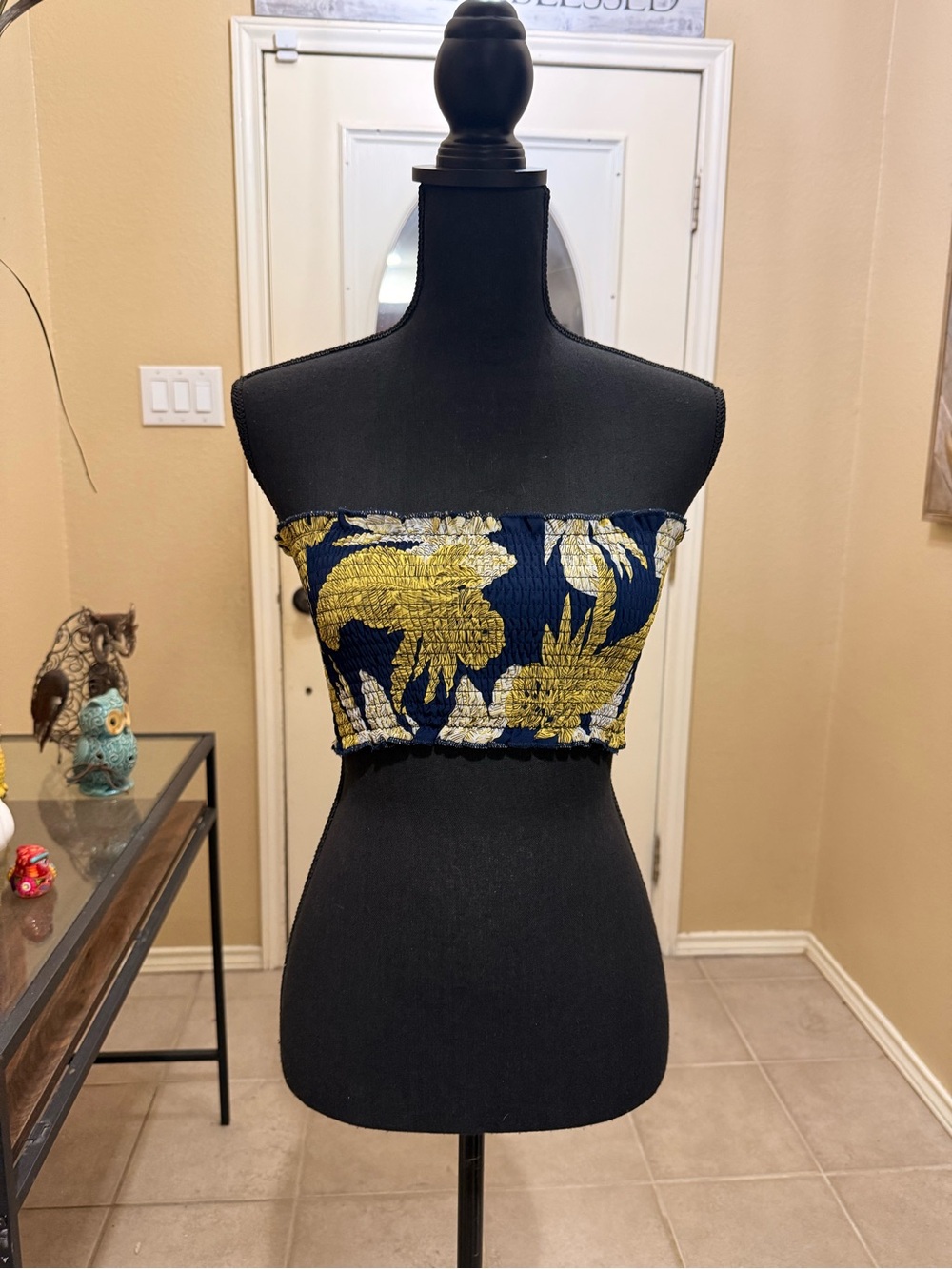 Miss Avenue Navy Floral Smocked Strapless Crop Top with Mustard Blooms
